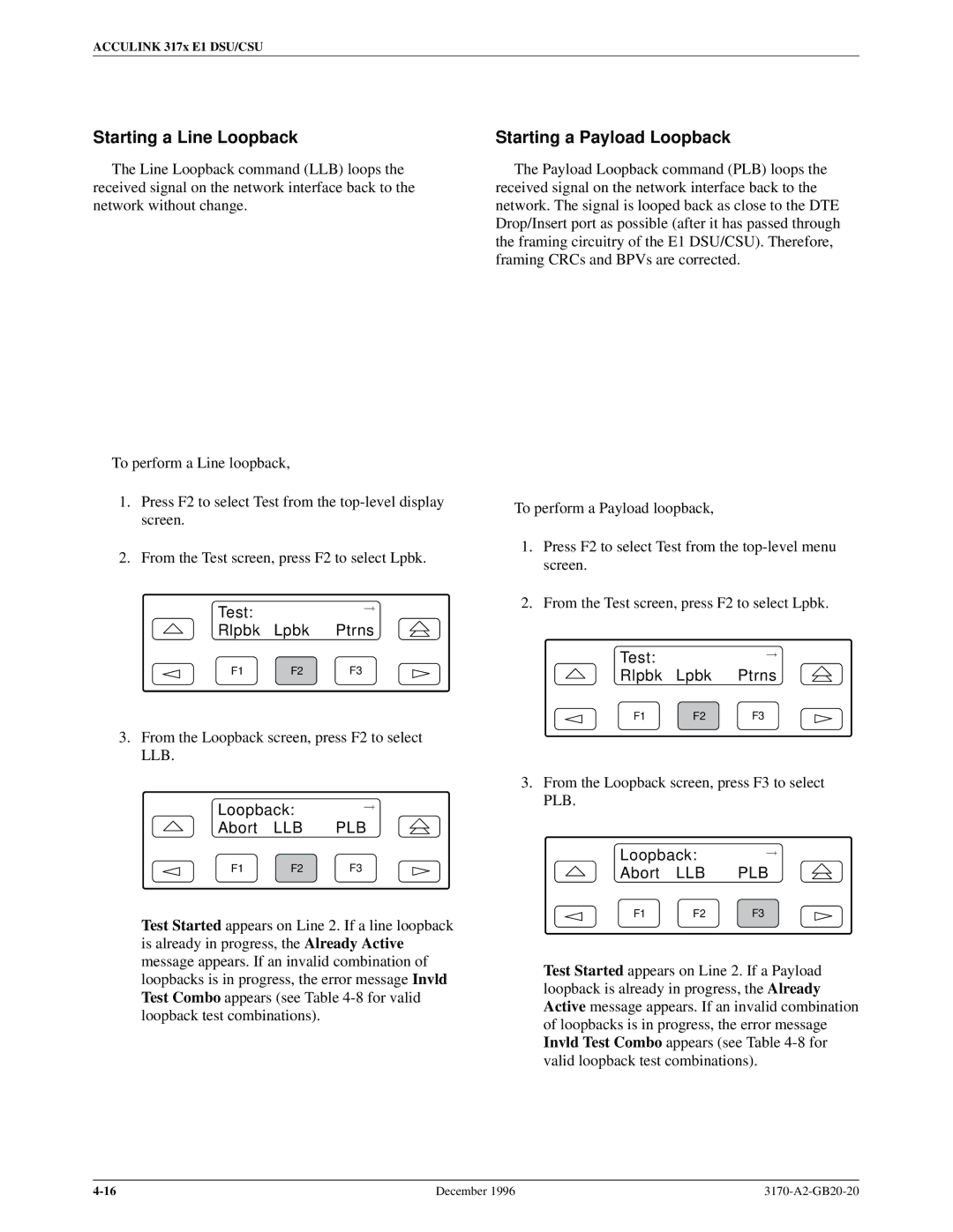 Paradyne 317x E1 manual Starting a Line Loopback, Starting a Payload Loopback, Loopback Abort LLB PLB 