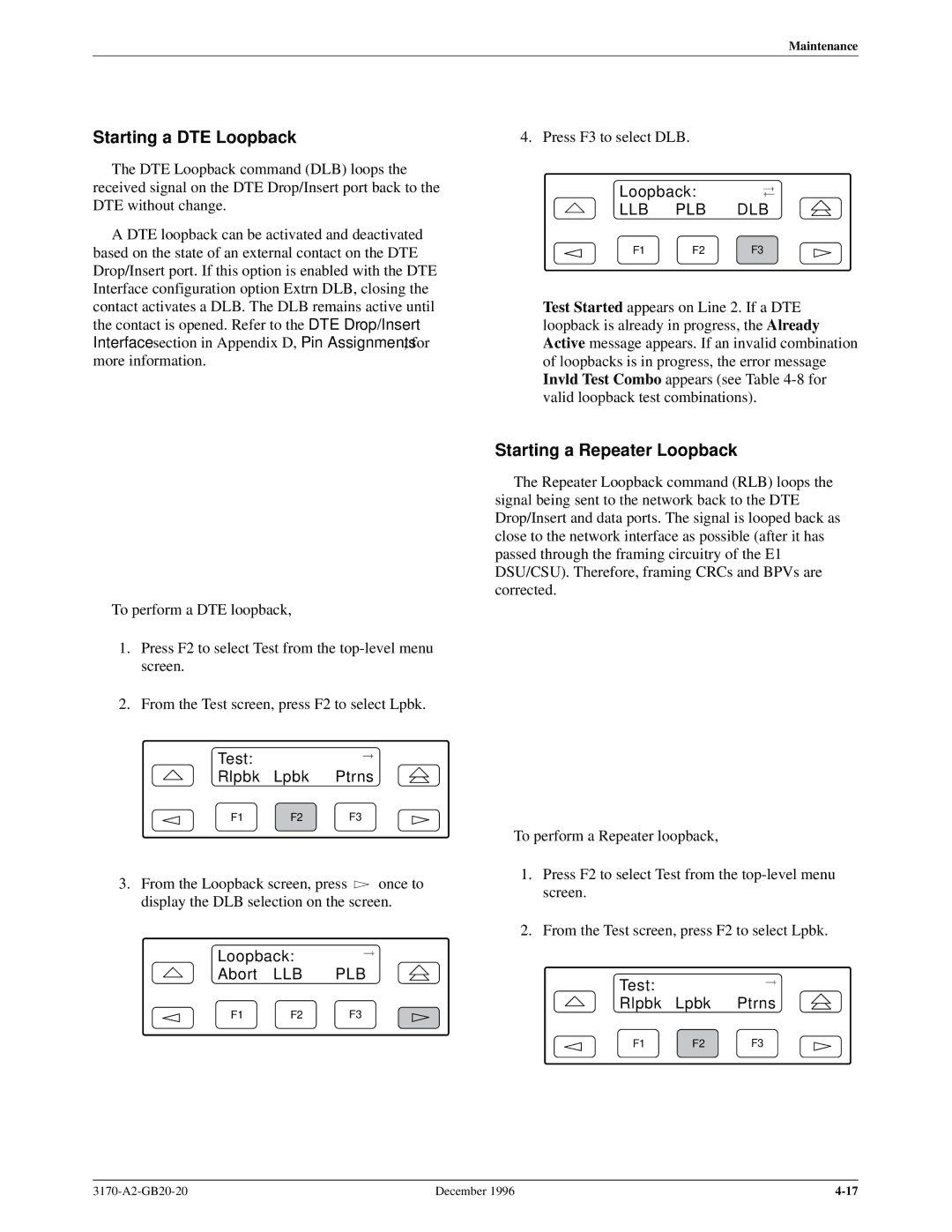 Paradyne 317x E1 manual Starting a DTE Loopback, Starting a Repeater Loopback 