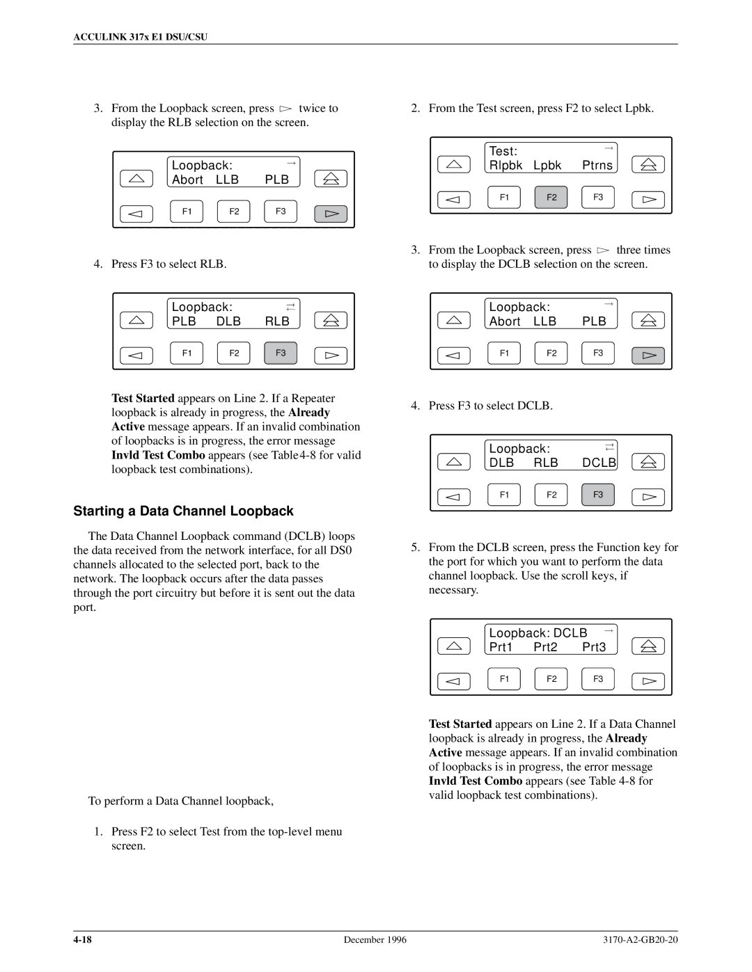 Paradyne 317x E1 manual Starting a Data Channel Loopback, Loopback Dclb Prt1 Prt2 Prt3 