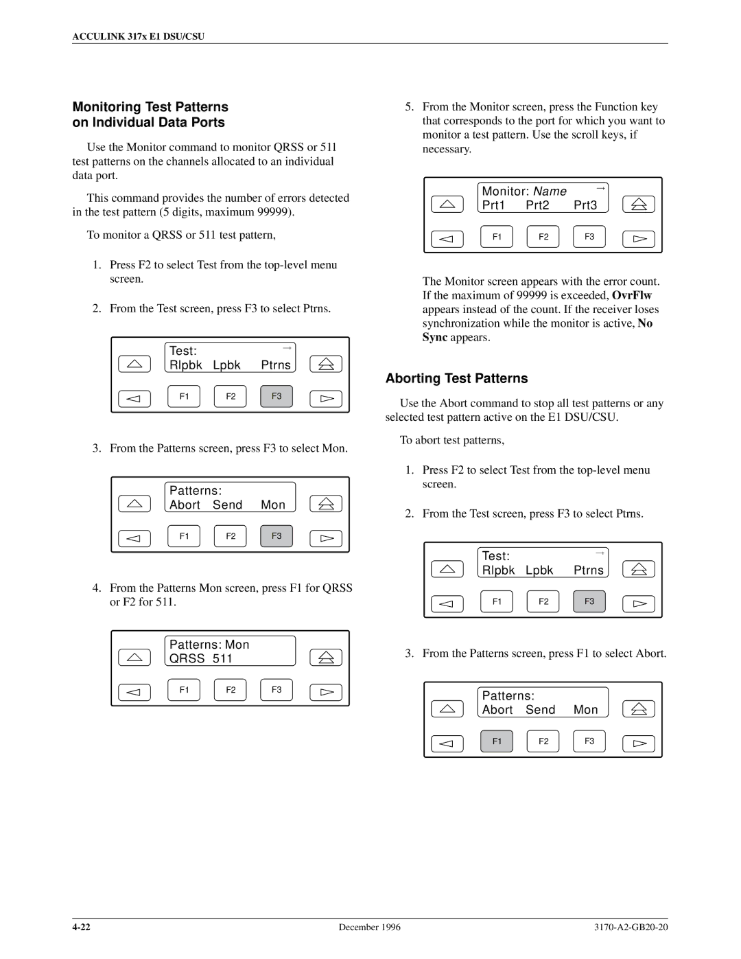 Paradyne 317x E1 manual Monitoring Test Patterns on Individual Data Ports, Aborting Test Patterns, Patterns Mon Qrss 