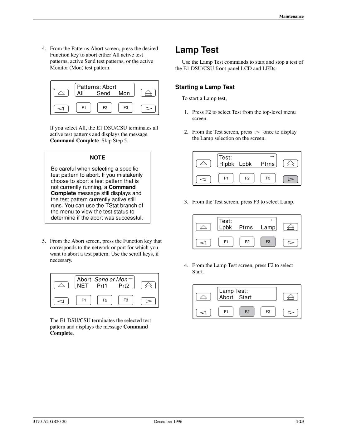 Paradyne 317x E1 manual Starting a Lamp Test, Patterns Abort All Send Mon, Test Lpbk Ptrns Lamp, Lamp Test Abort Start 