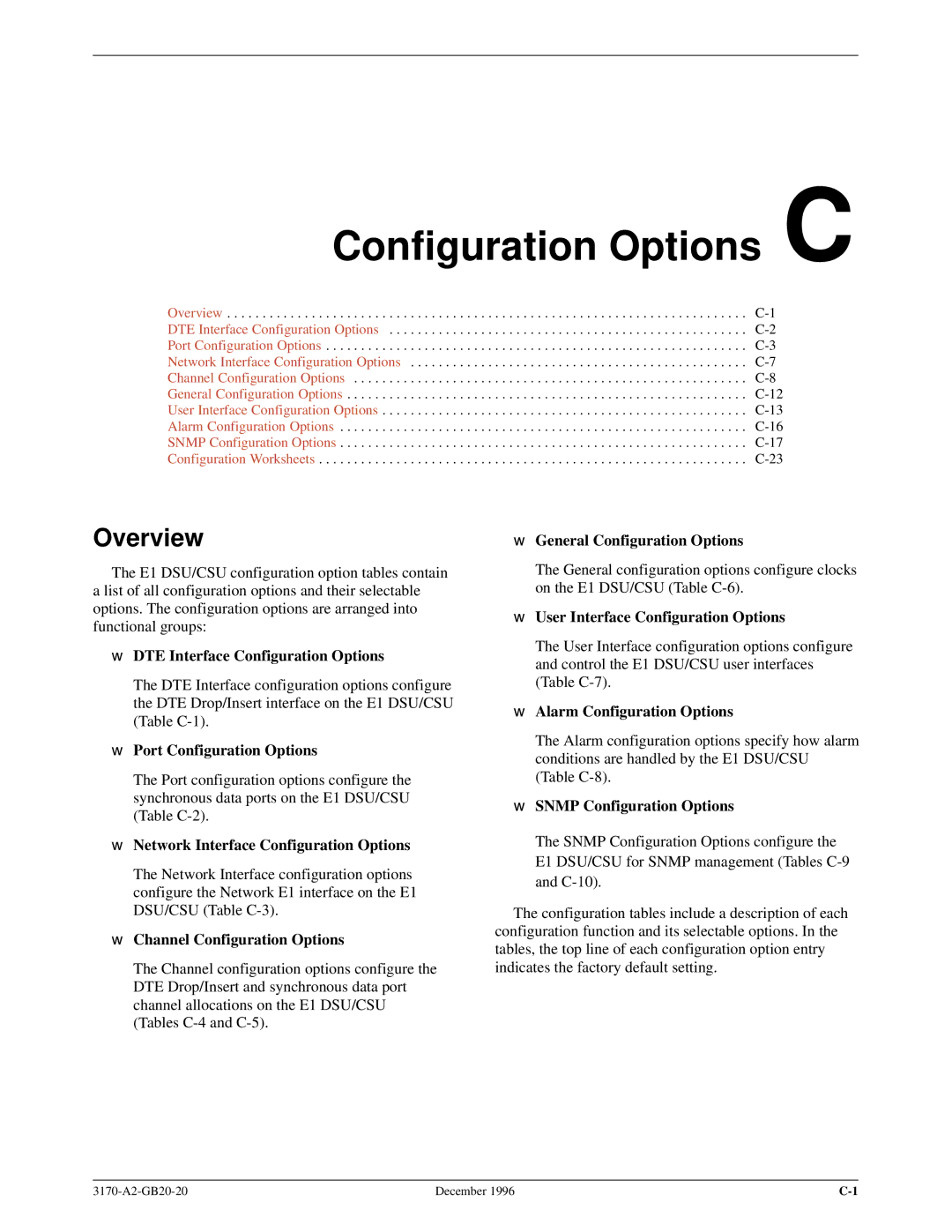 Paradyne 317x E1 manual Configuration Options C, DTE Interface Configuration Options 