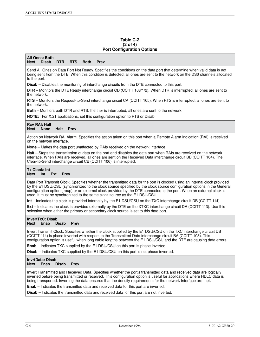 Paradyne 317x E1 manual All Ones Both Next Disab DTR RTS Both Prev, Rcv RAI Halt Next None Halt Prev 