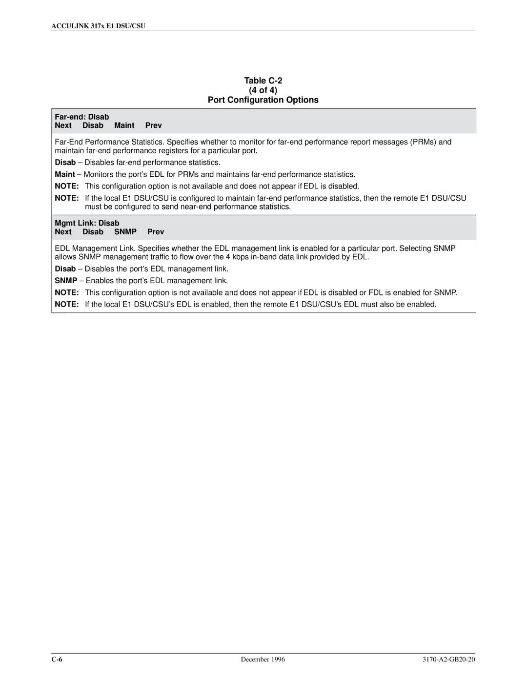 Paradyne 317x E1 manual Far-end Disab Next Disab Maint Prev, Mgmt Link Disab Next Disab Snmp Prev 