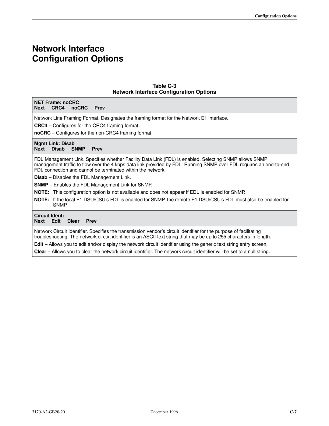 Paradyne 317x E1 manual Table C-3 Network Interface Configuration Options, NET Frame noCRC Next CRC4 noCRC Prev 