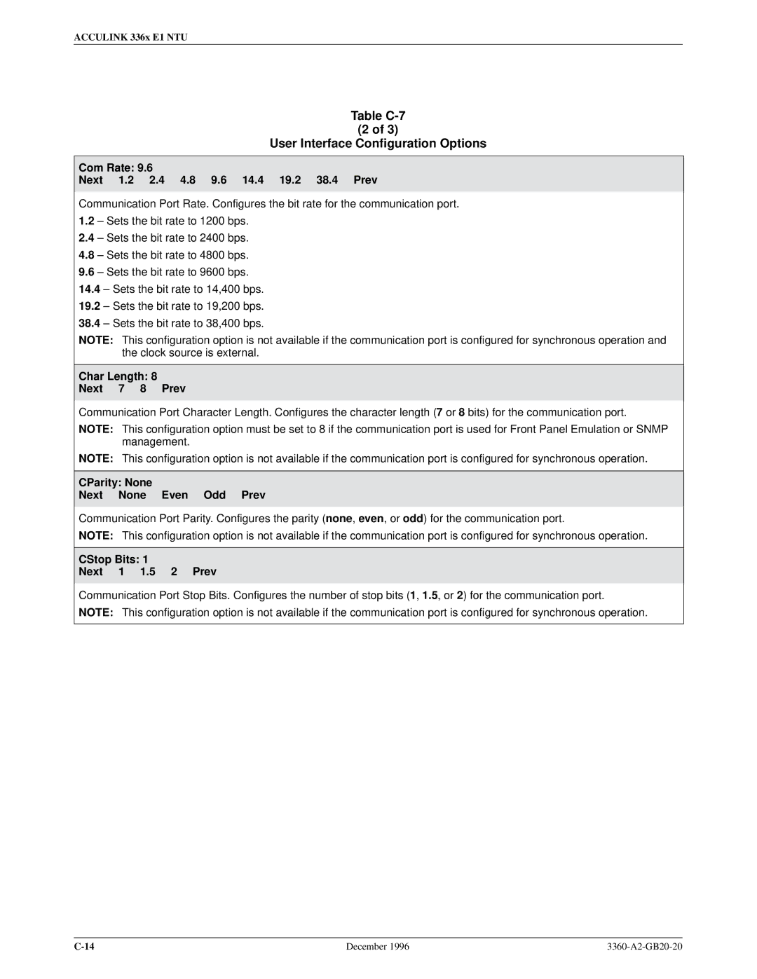 Paradyne 336x E1 manual Com Rate Next 1.2 2.4 4.8 9.6 14.4 19.2 38.4 Prev, Char Length Next 7 8 Prev 