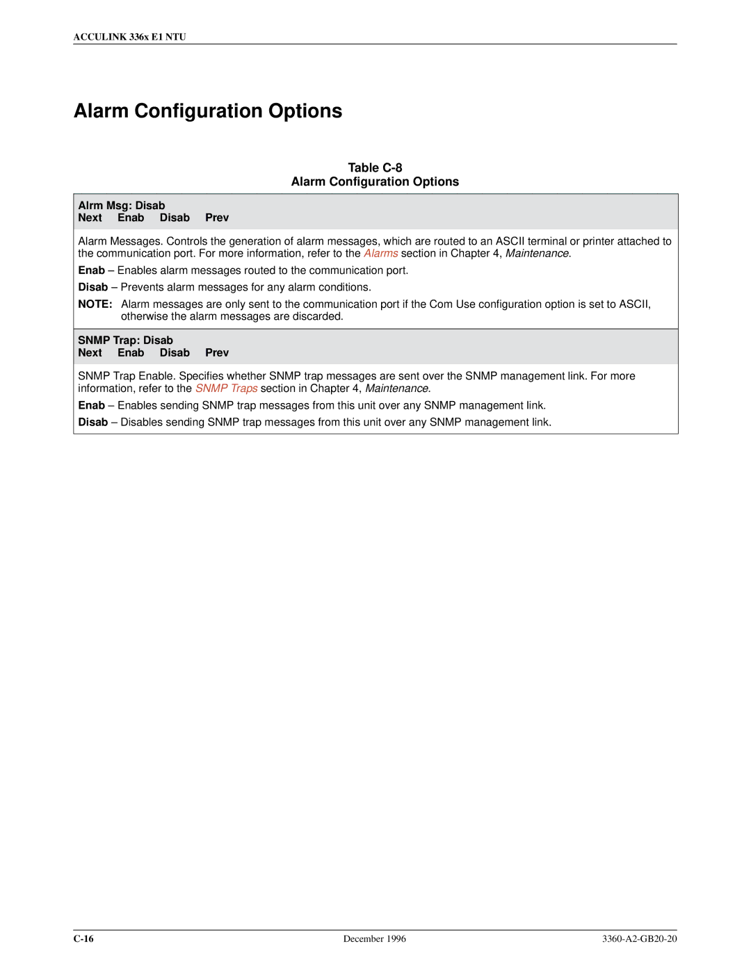 Paradyne 336x E1 manual Table C-8 Alarm Configuration Options, Alrm Msg Disab Next Enab Disab Prev 