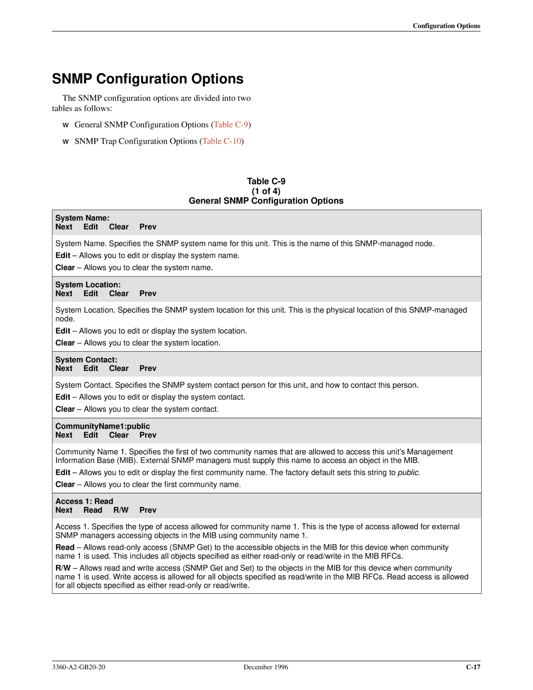 Paradyne 336x E1 manual Table C-9 General Snmp Configuration Options 