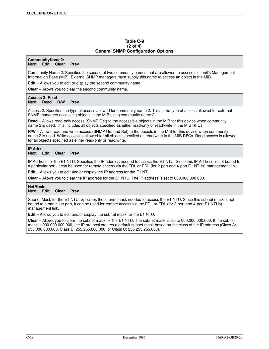 Paradyne 336x E1 manual CommunityName2 Next Edit Clear Prev, Access 2 Read Next Read R/W Prev, IP Adr Next Edit Clear Prev 