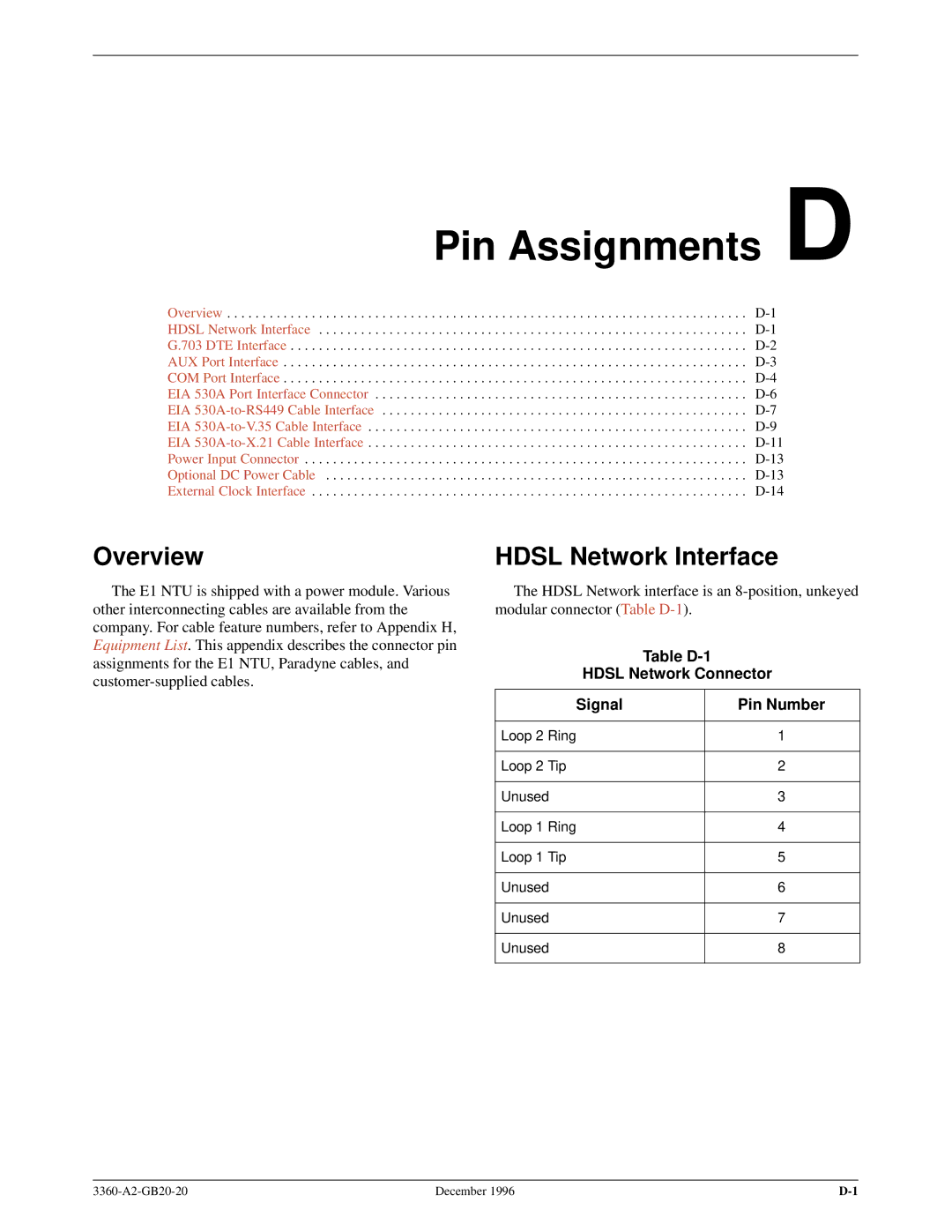 Paradyne 336x E1 manual Pin Assignments D, Hdsl Network Interface, Table D-1 Hdsl Network Connector Signal Pin Number 