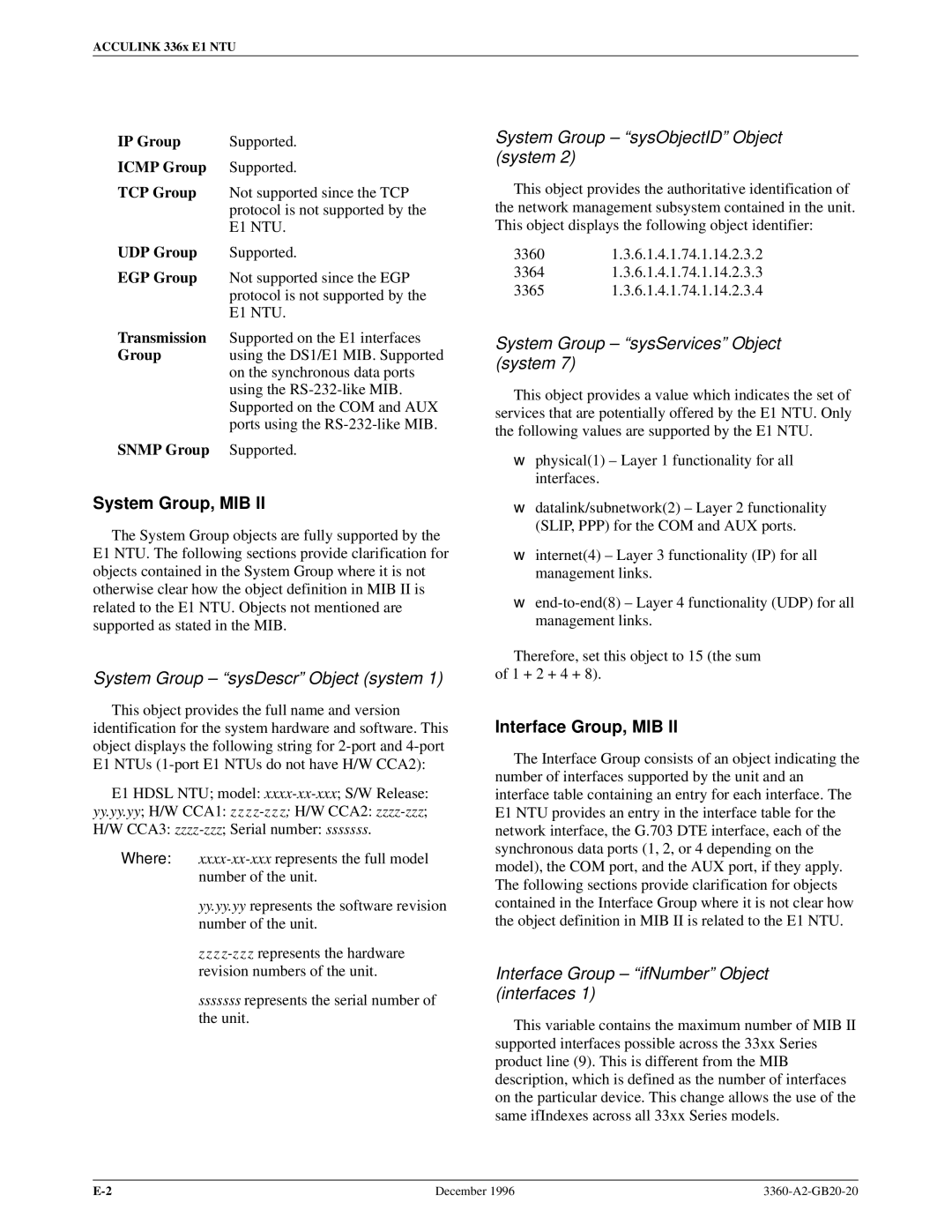 Paradyne 336x E1 manual System Group, MIB, Interface Group, MIB 