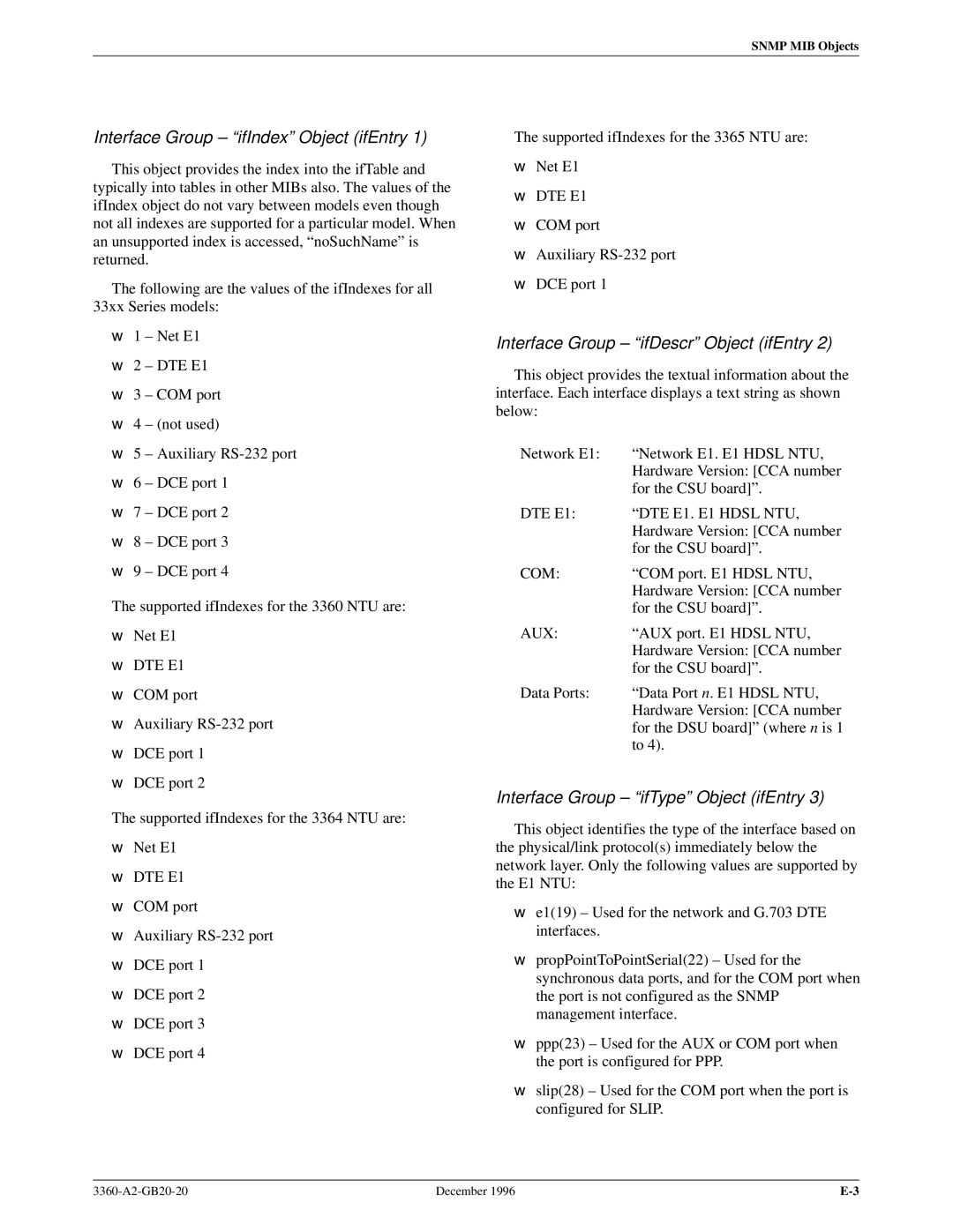 Paradyne 336x E1 manual Interface Group ± ªifIndexº Object ifEntry 