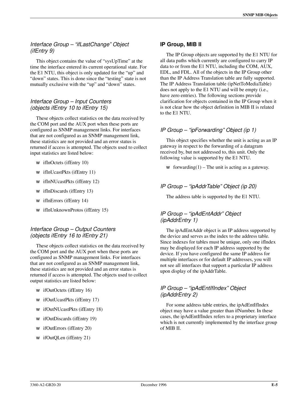 Paradyne 336x E1 manual Interface Group ± ªifLastChangeº Object ifEntry, IP Group, MIB 