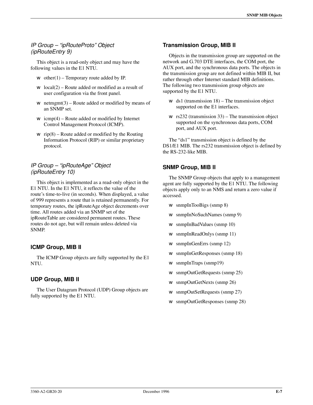 Paradyne 336x E1 manual Transmission Group, MIB, Icmp Group, MIB, UDP Group, MIB, Snmp Group, MIB 