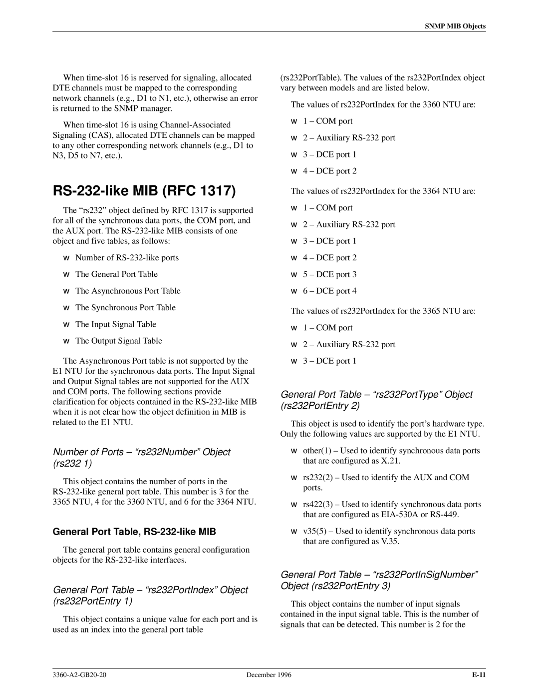 Paradyne 336x E1 manual RS-232-like MIB RFC, General Port Table, RS-232-like MIB 