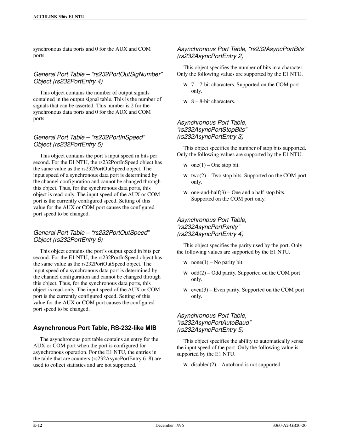 Paradyne 336x E1 manual Asynchronous Port Table, RS-232-like MIB 