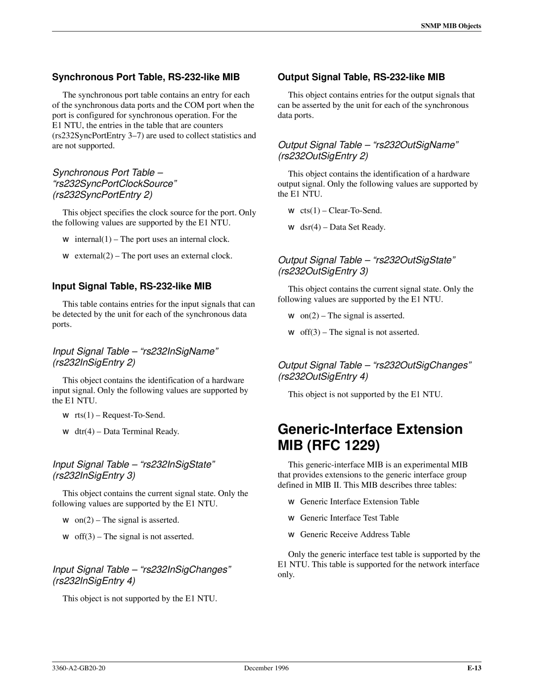 Paradyne 336x E1 manual Generic-Interface Extension MIB RFC, Synchronous Port Table, RS-232-like MIB 