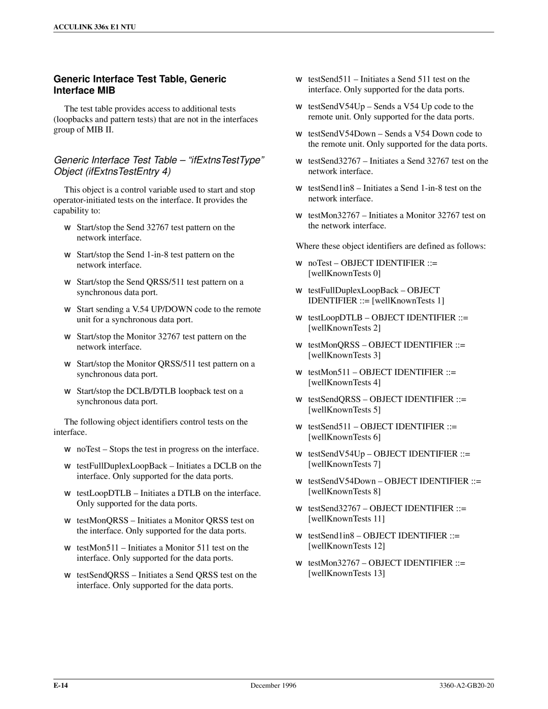 Paradyne 336x E1 manual Generic Interface Test Table, Generic Interface MIB 