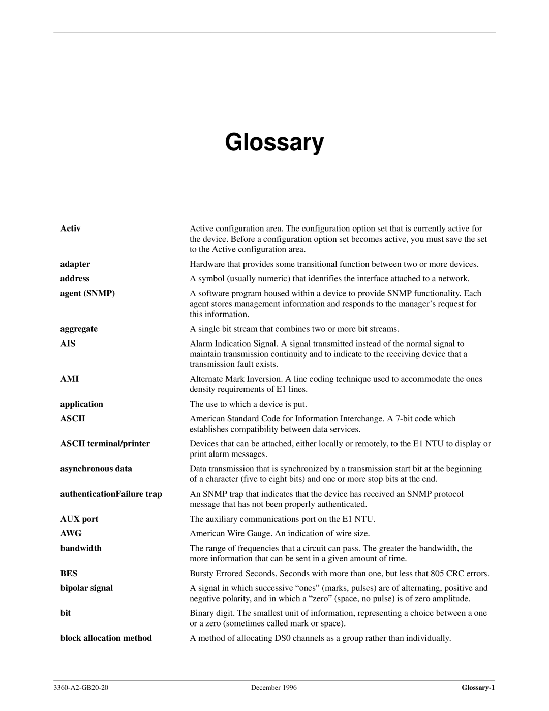 Paradyne 336x E1 manual Glossary, Activ 