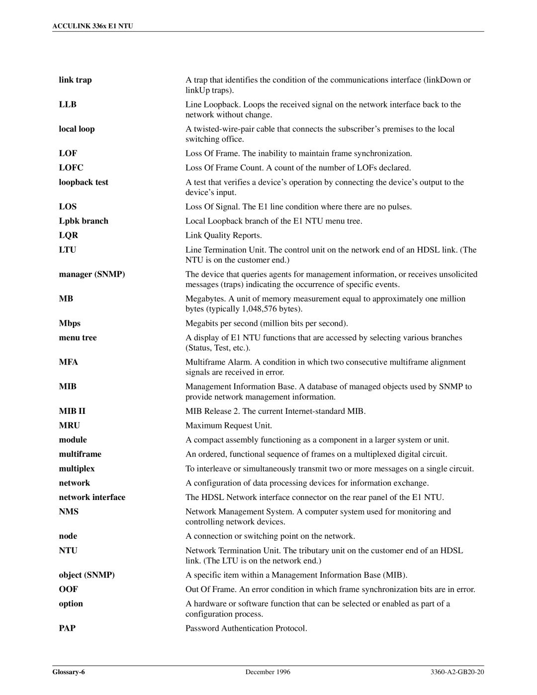 Paradyne 336x E1 manual Lof 