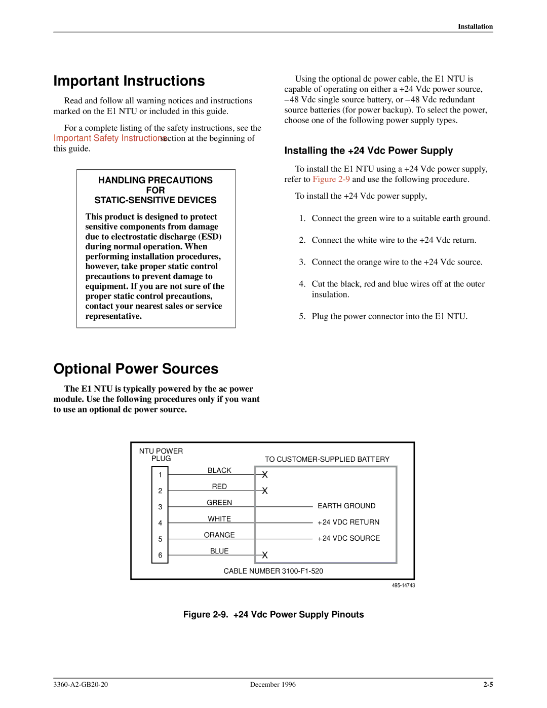 Paradyne 336x E1 manual Important Instructions, Optional Power Sources, Installing the +24 Vdc Power Supply 