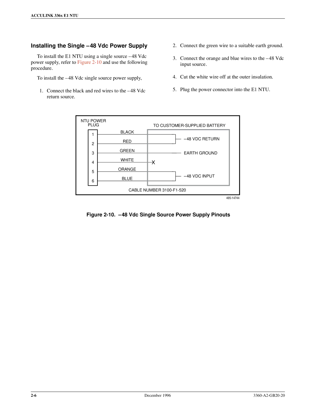 Paradyne 336x E1 manual Installing the Single ±48 Vdc Power Supply, 10. ±48 Vdc Single Source Power Supply Pinouts 