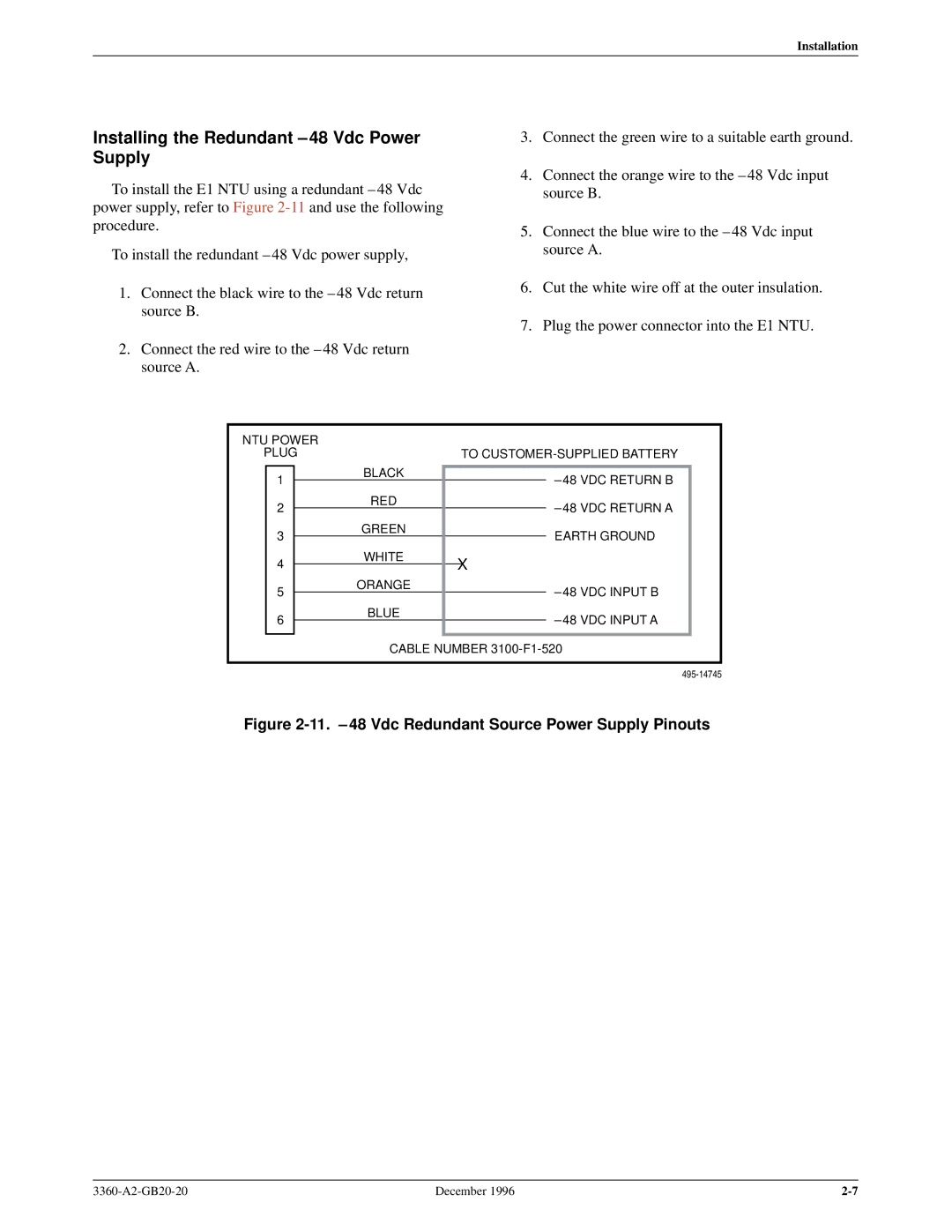 Paradyne 336x E1 manual Installing the Redundant ±48 Vdc Power Supply, 11. ±48 Vdc Redundant Source Power Supply Pinouts 