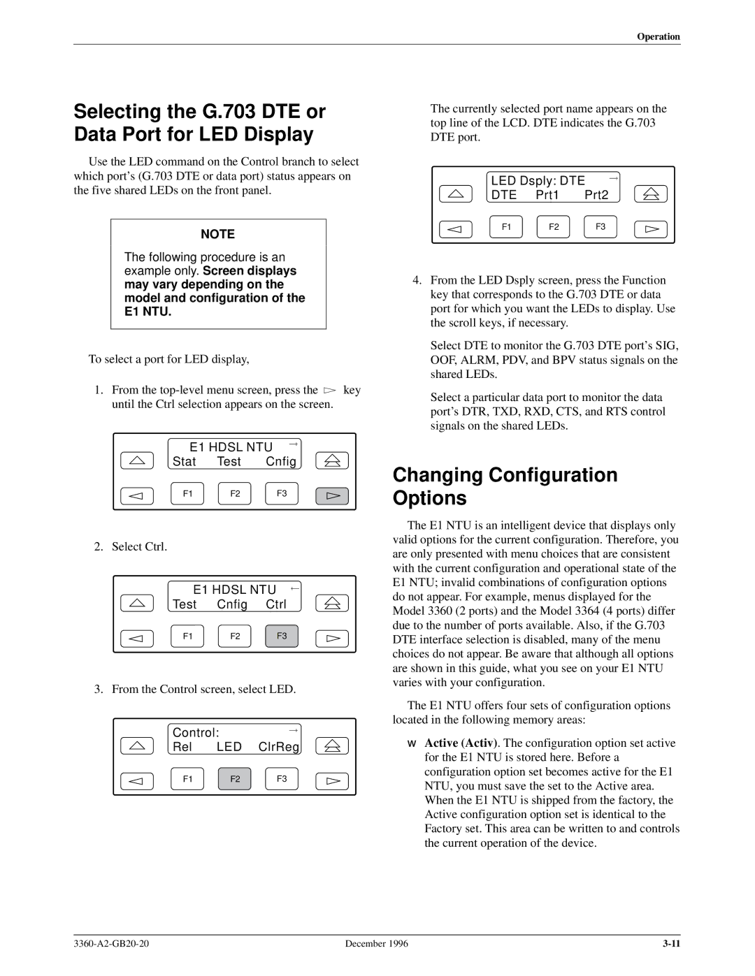 Paradyne 336x E1 Selecting the G.703 DTE or Data Port for LED Display, Changing Configuration Options, LED Dsply DTE, Dte 