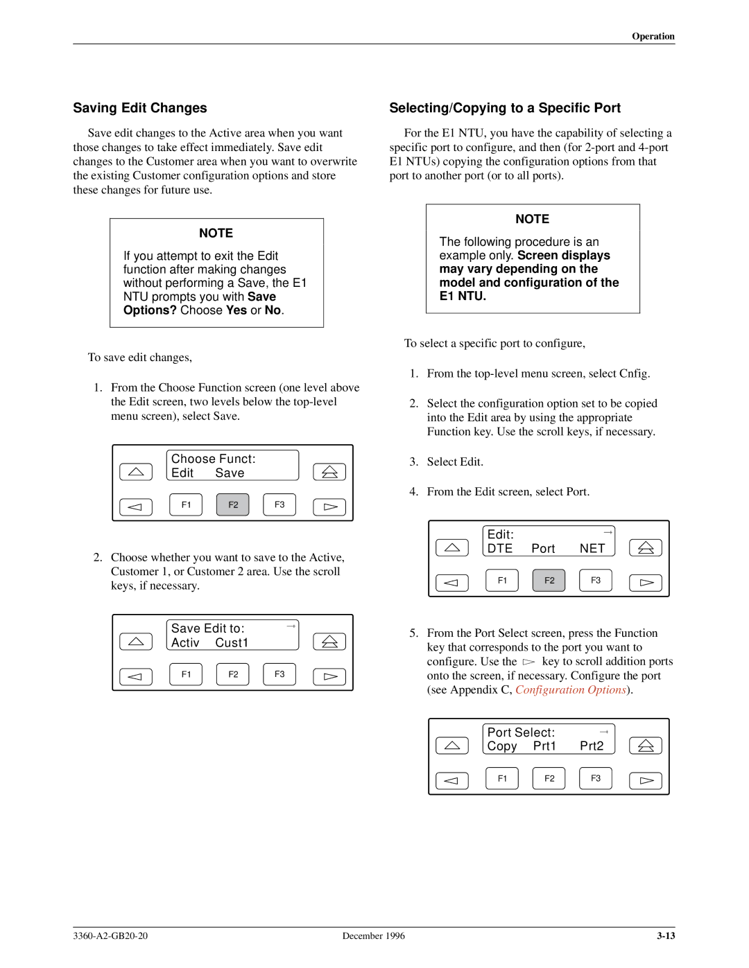 Paradyne 336x E1 manual Saving Edit Changes, Selecting/Copying to a Specific Port, Save Edit to Activ Cust1 