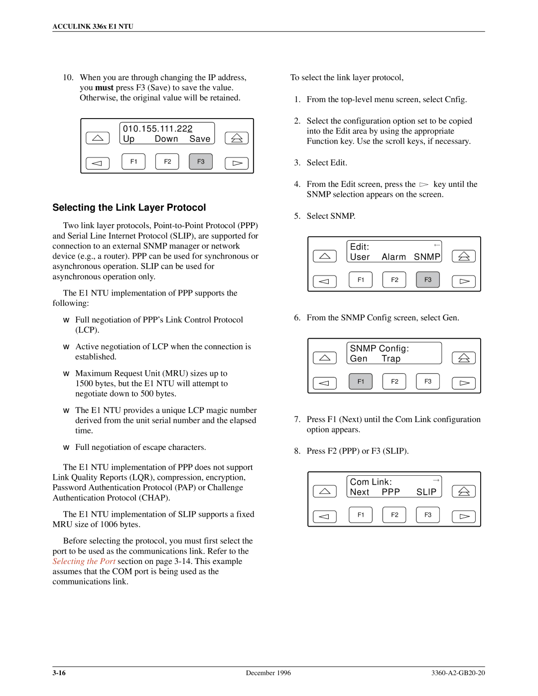 Paradyne 336x E1 manual Selecting the Link Layer Protocol, Up Down Save, Com Link Next PPP Slip 