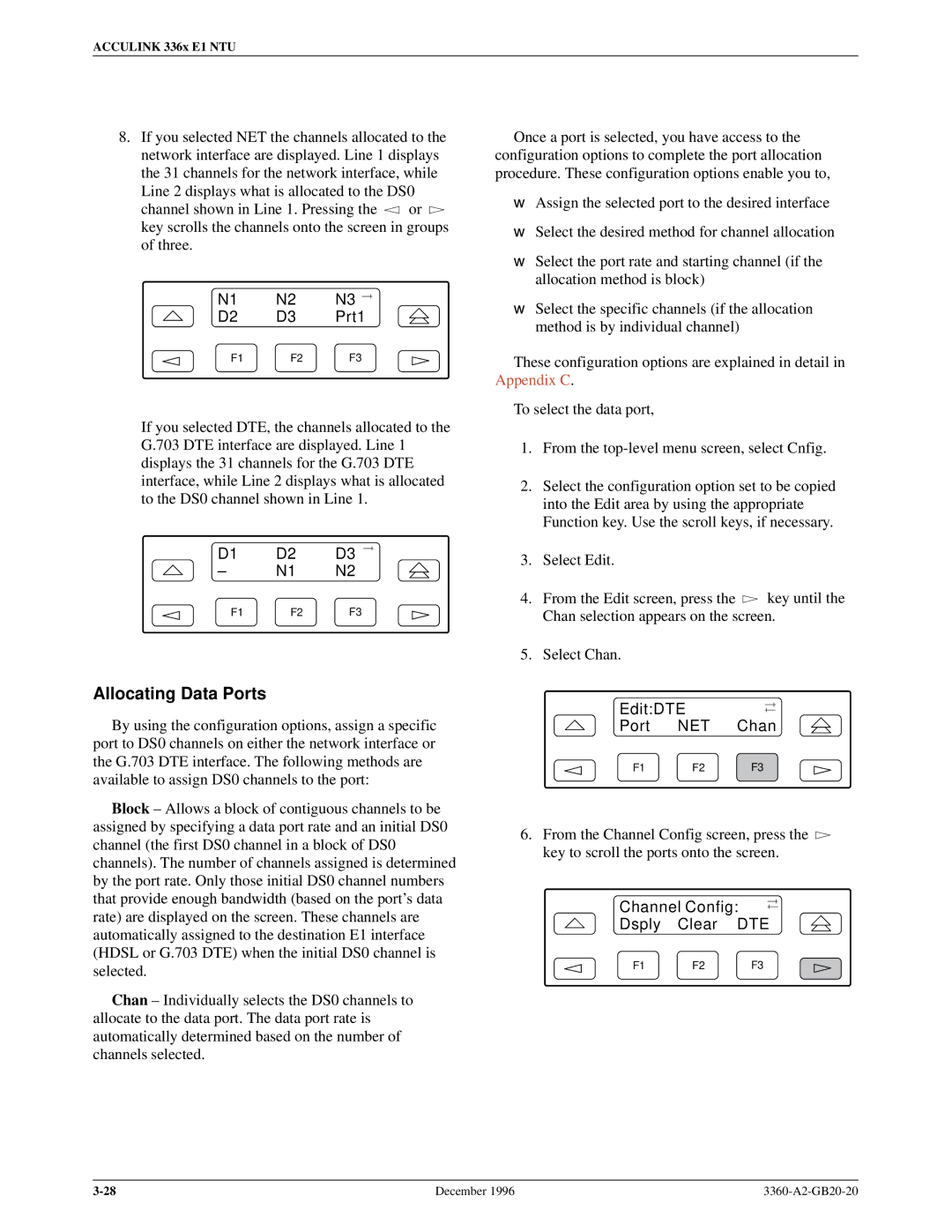 Paradyne 336x E1 manual Allocating Data Ports, Prt1, EditDTE Port, Net, Chan 