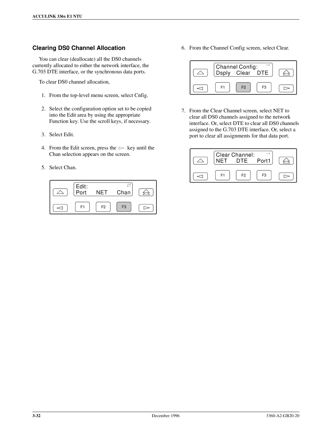 Paradyne 336x E1 manual Clearing DS0 Channel Allocation, Clear Channel, Net Dte, Port1 