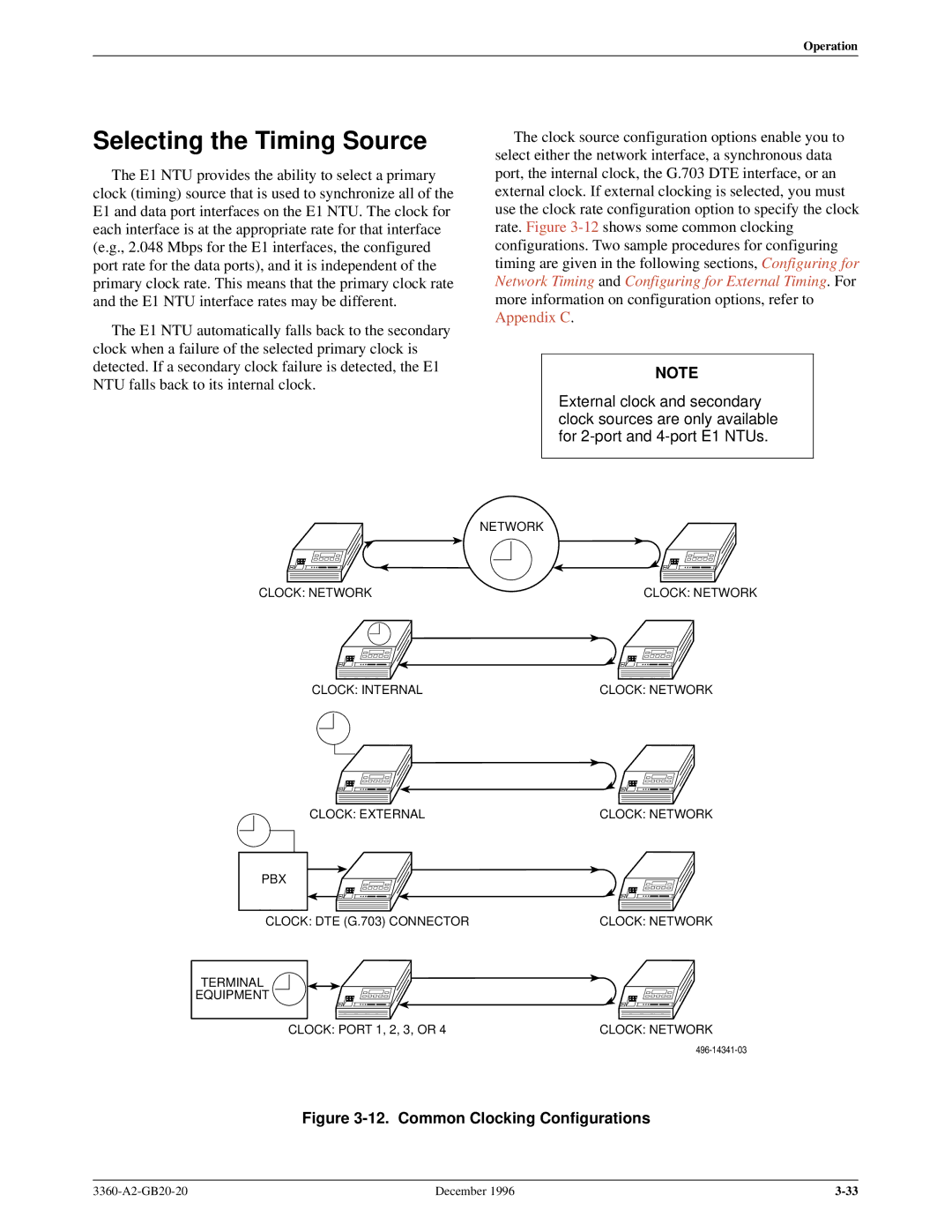 Paradyne 336x E1 manual Selecting the Timing Source, Common Clocking Configurations 