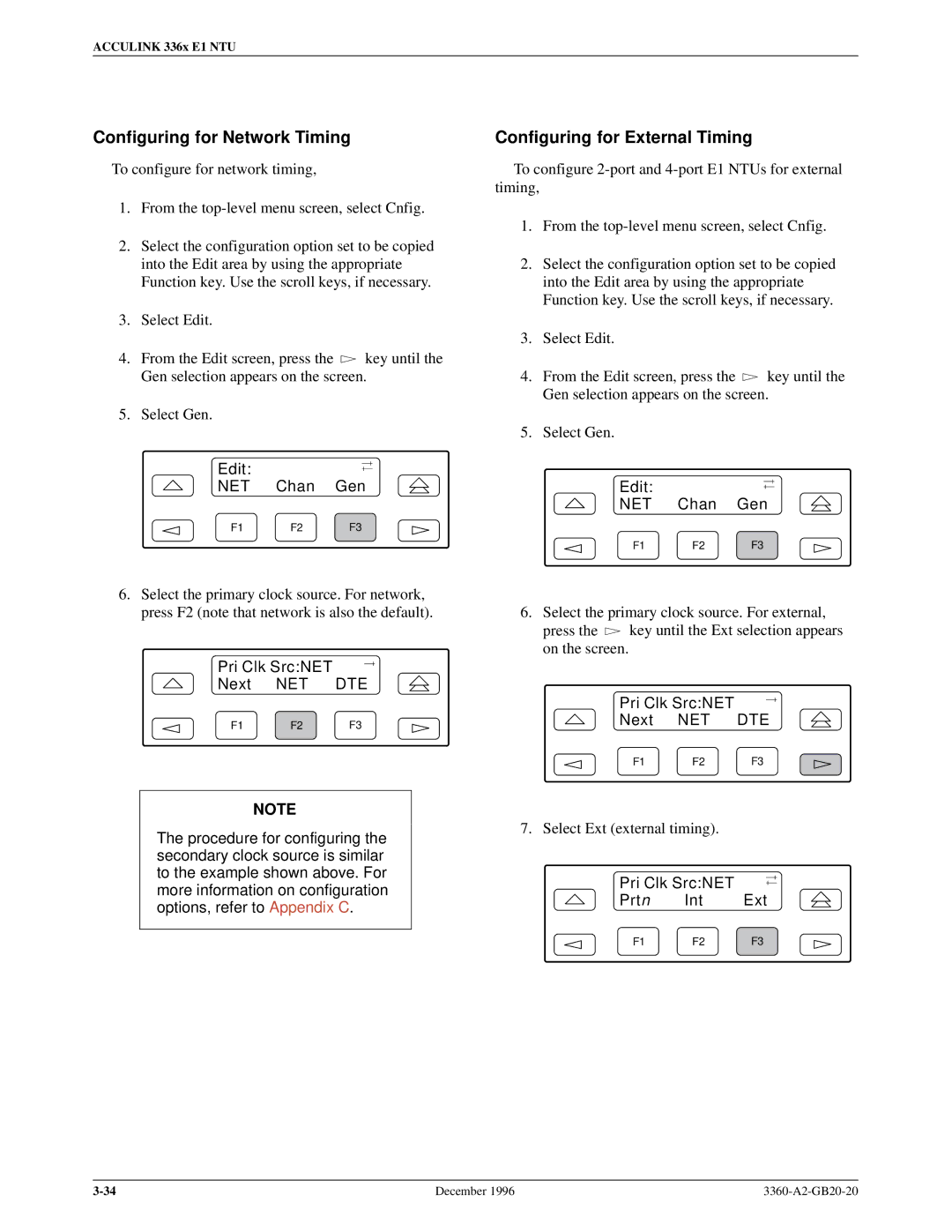 Paradyne 336x E1 manual Configuring for Network Timing, Configuring for External Timing, Edit NET Chan Gen 