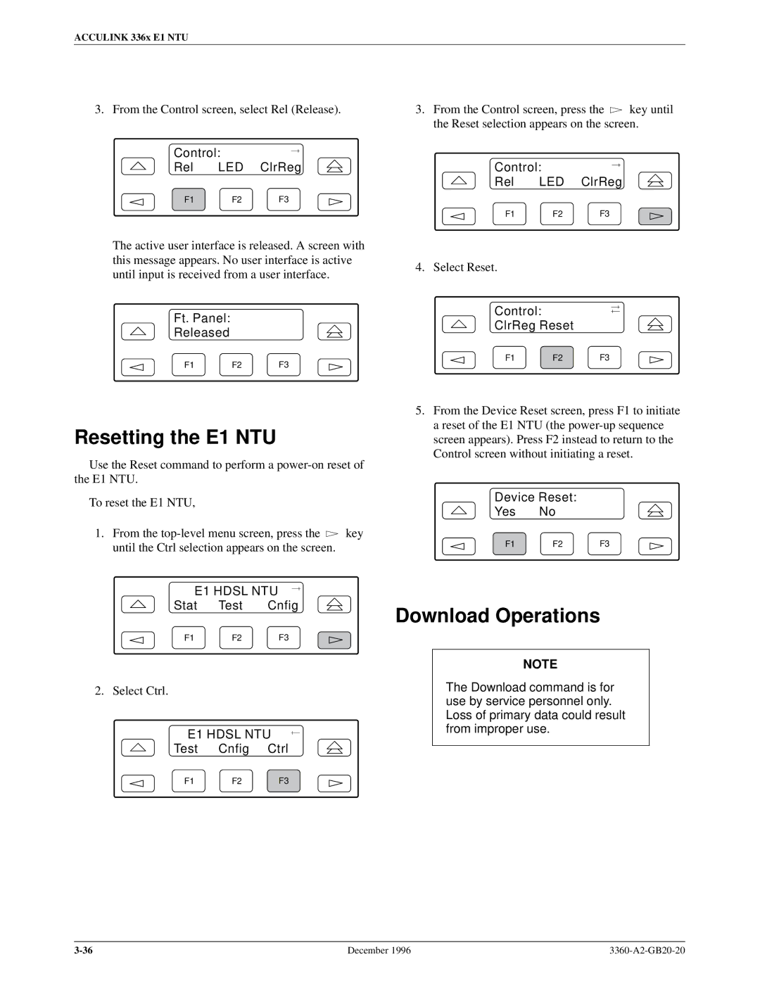 Paradyne 336x E1 Resetting the E1 NTU, Download Operations, Ft. Panel Released, Control ClrReg Reset, Device Reset Yes No 