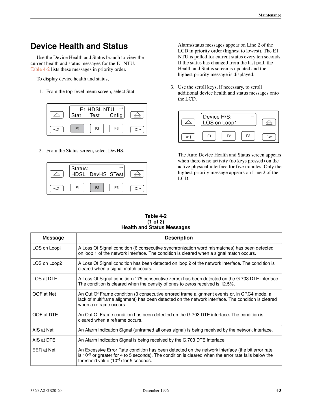 Paradyne 336x E1 manual Device Health and Status, Device H/S LOS on Loop1, Health and Status Messages 