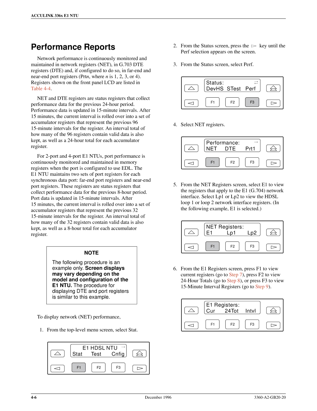 Paradyne 336x E1 manual Performance Reports, Status DevHS STest Perf, Performance NET DTE Prt1, NET Registers E1 Lp1 Lp2 