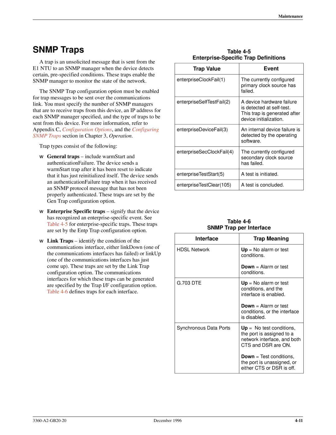 Paradyne 336x E1 Snmp Traps, Enterprise-Specific Trap Definitions Trap Value Event, Snmp Trap per Interface Trap Meaning 