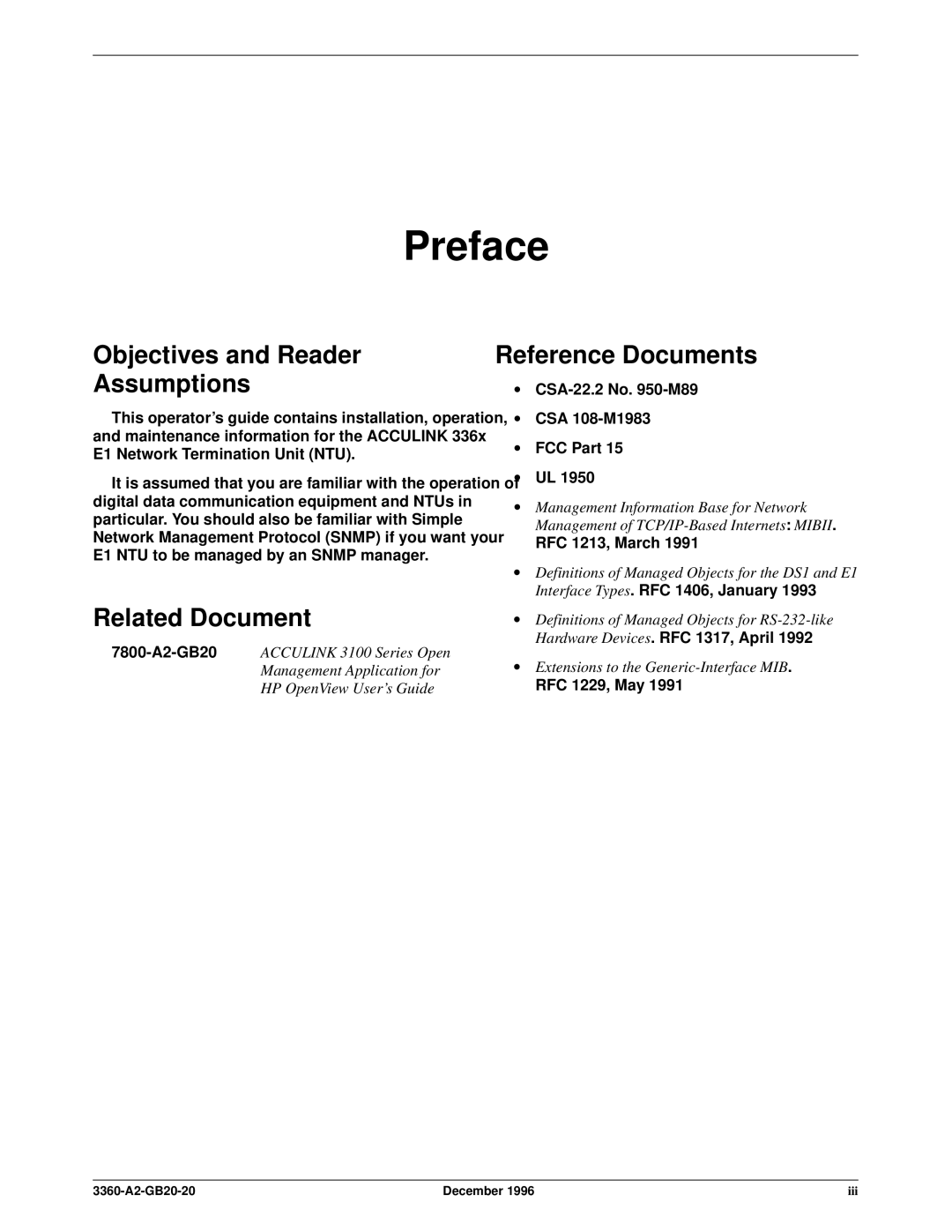 Paradyne 336x E1 manual Preface, Objectives and Reader Assumptions, Related Document, Reference Documents 