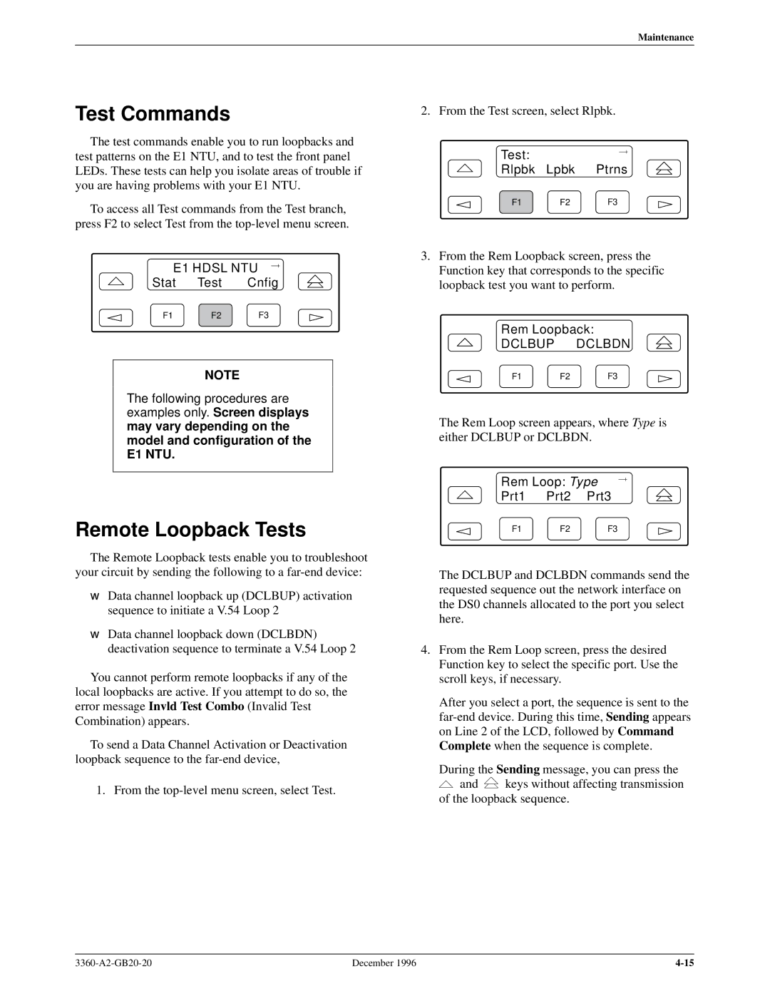 Paradyne 336x E1 manual Test Commands, Remote Loopback Tests, Dclbup Dclbdn 