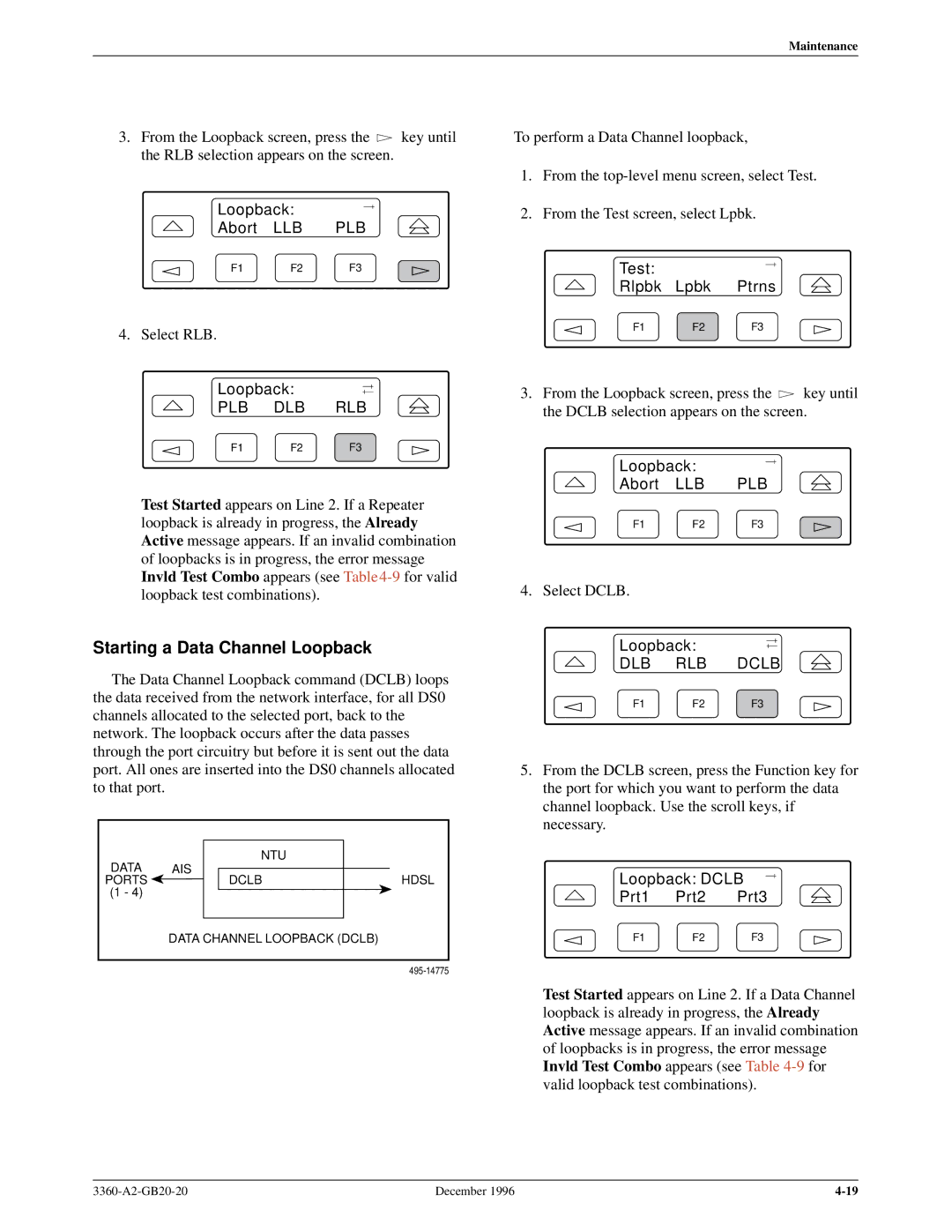 Paradyne 336x E1 manual Starting a Data Channel Loopback, Plb Dlb Rlb, DLB RLB Dclb, Loopback Dclb Prt1 Prt2 Prt3 