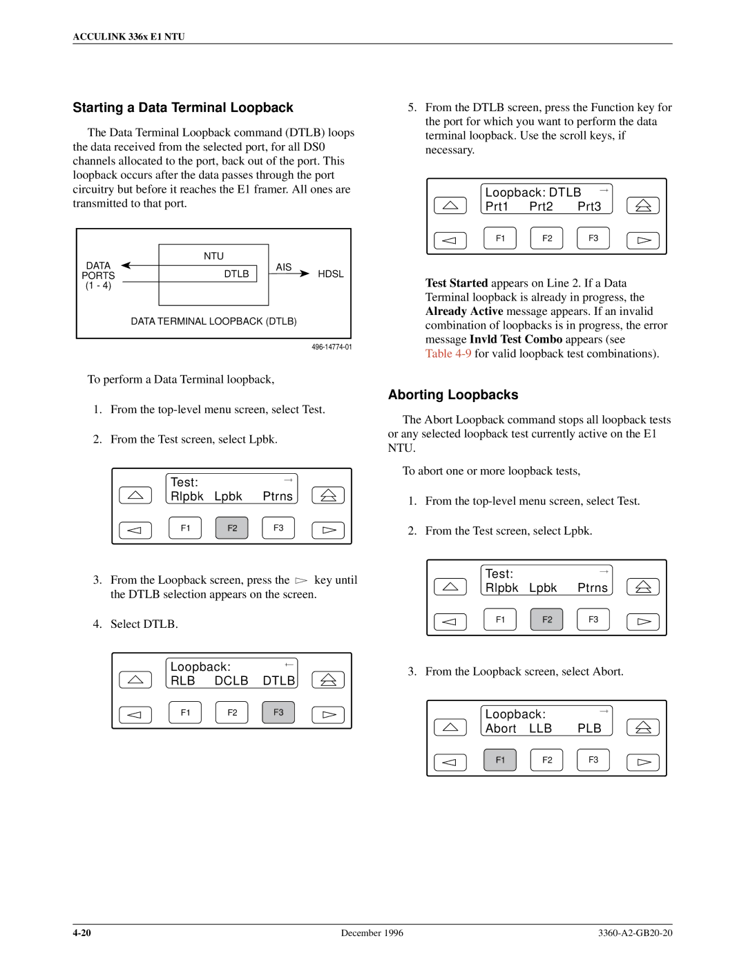 Paradyne 336x E1 manual Starting a Data Terminal Loopback, Aborting Loopbacks, RLB Dclb Dtlb, Loopback Dtlb Prt1 Prt2 Prt3 