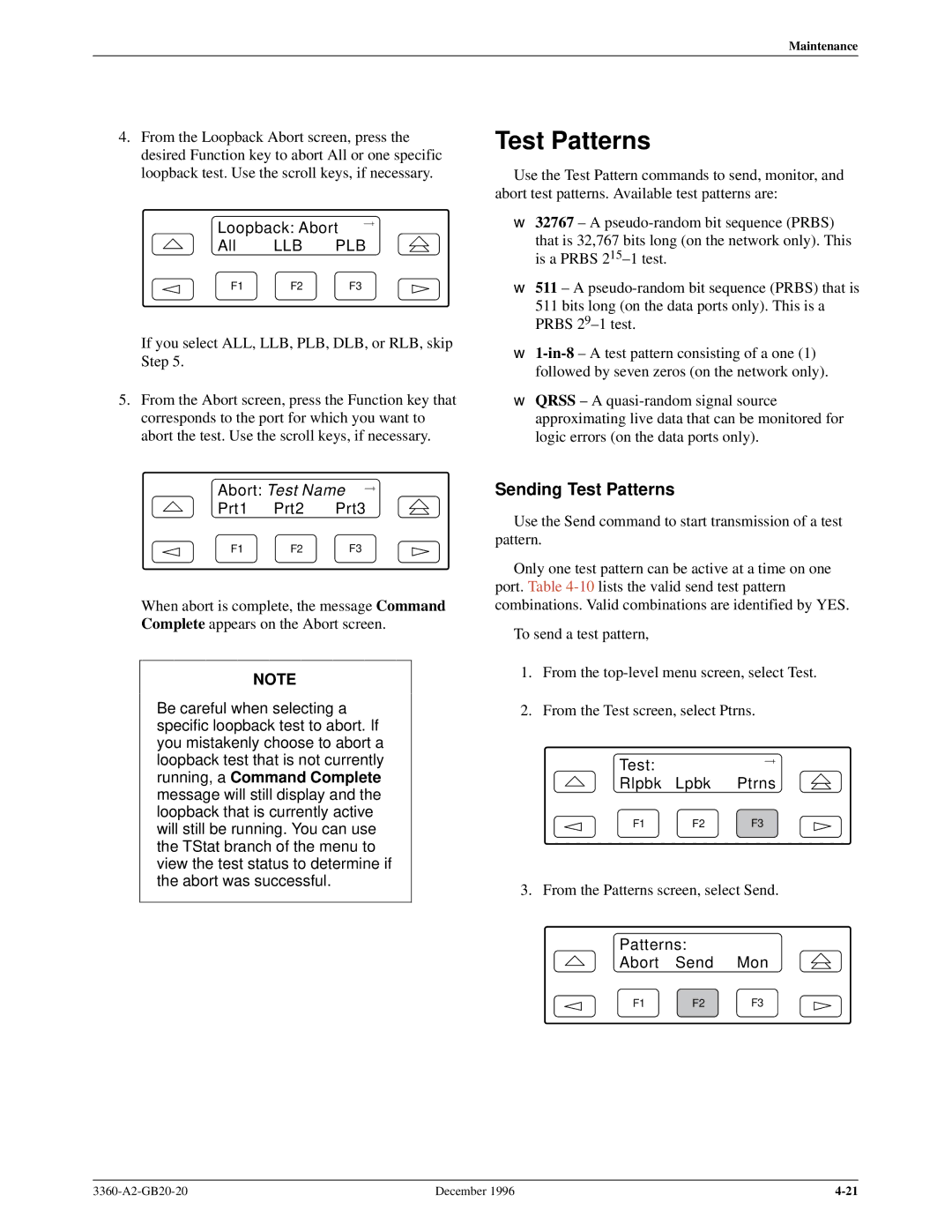 Paradyne 336x E1 manual Sending Test Patterns, Loopback Abort All, Llb Plb, Patterns Abort Send Mon 