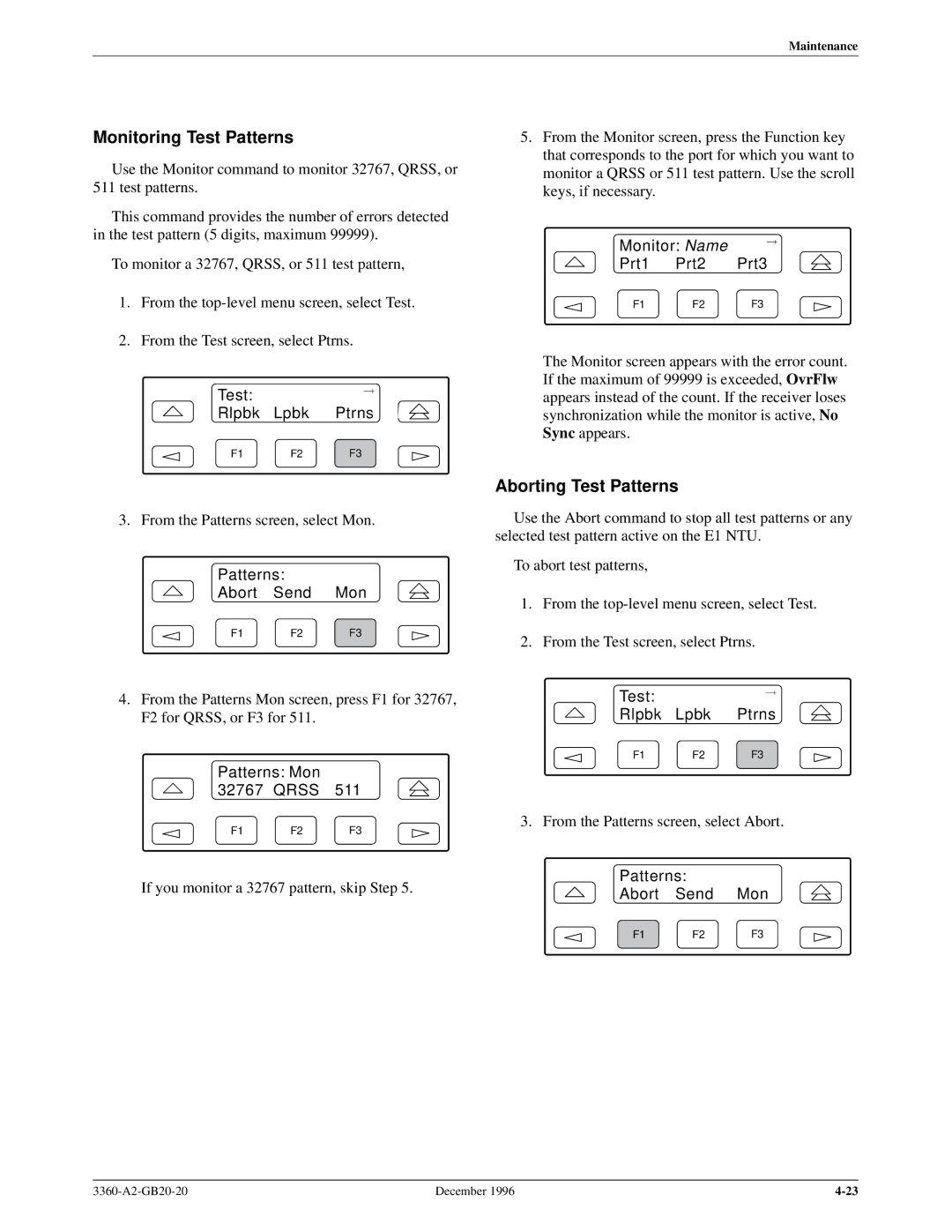 Paradyne 336x E1 Monitoring Test Patterns, Aborting Test Patterns, Patterns Mon 32767 Qrss, Monitor Name Prt1 Prt2 Prt3 