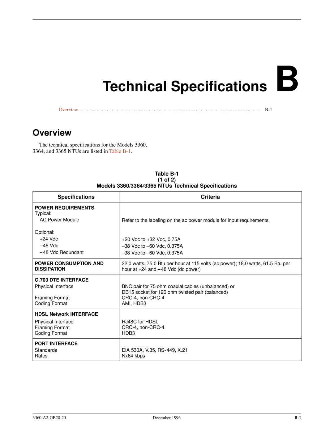 Paradyne 336x E1 Technical Specifications B, Models 3360/3364/3365 NTUs Technical Specifications, Specifications Criteria 