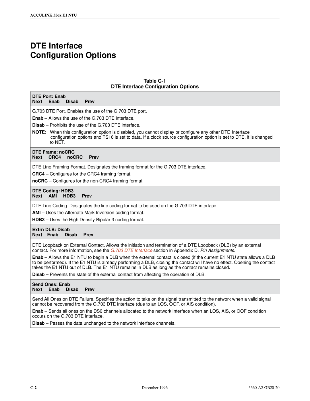 Paradyne 336x E1 manual Table C-1 DTE Interface Configuration Options 