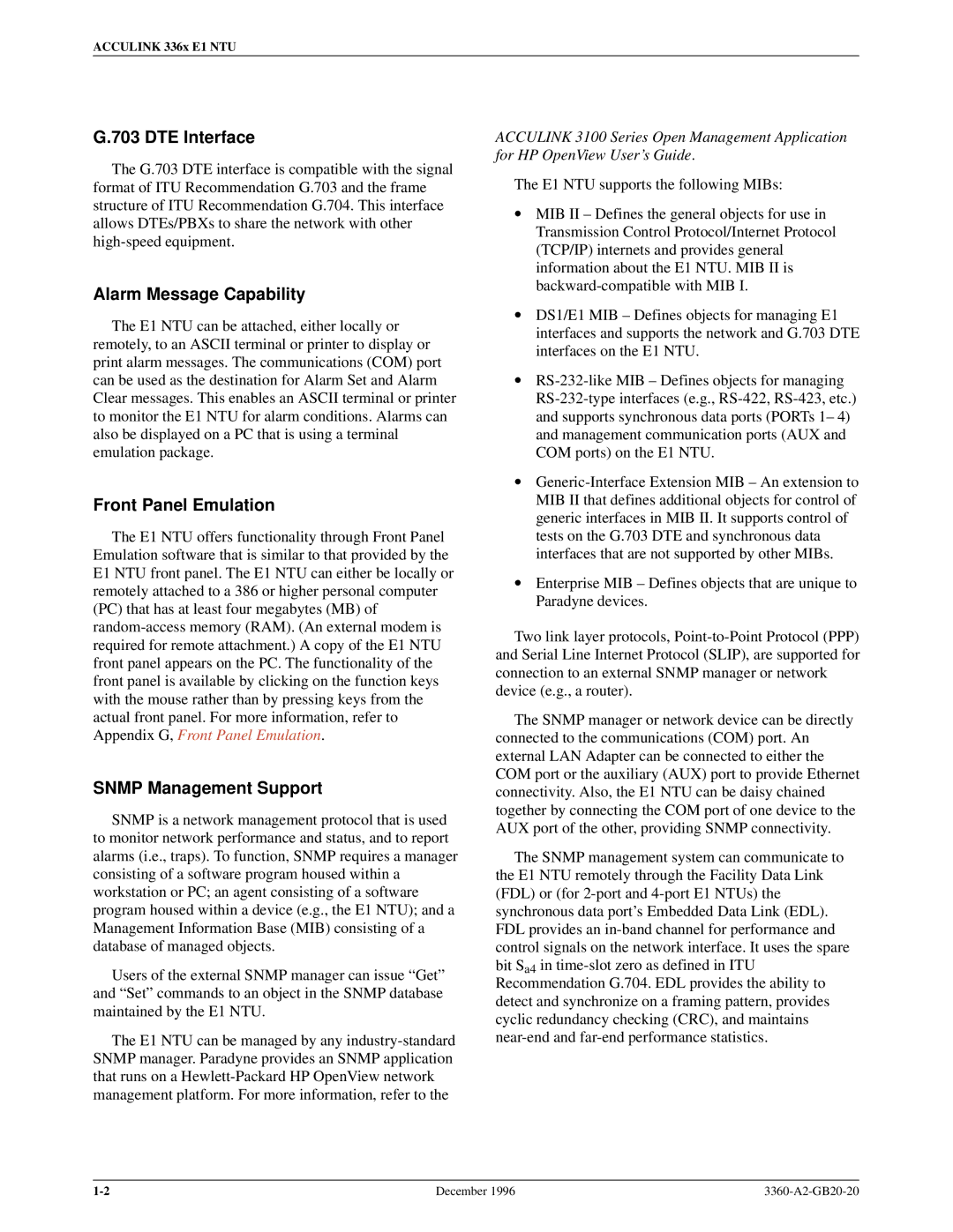 Paradyne 336x E1 manual DTE Interface, Alarm Message Capability, Front Panel Emulation, Snmp Management Support 