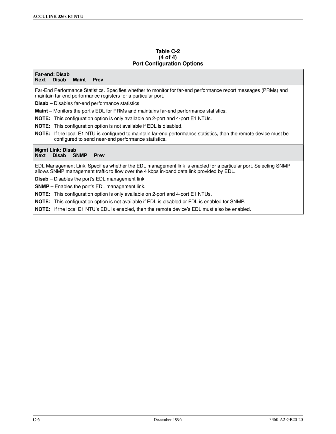 Paradyne 336x E1 manual Far-end Disab Next Disab Maint Prev, Mgmt Link Disab Next Disab Snmp Prev 