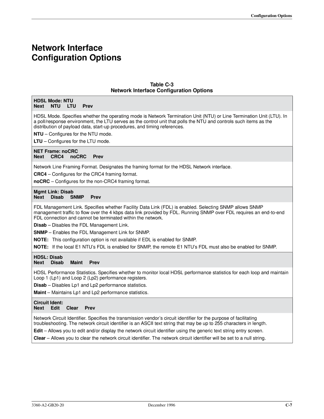 Paradyne 336x E1 manual Table C-3 Network Interface Configuration Options 