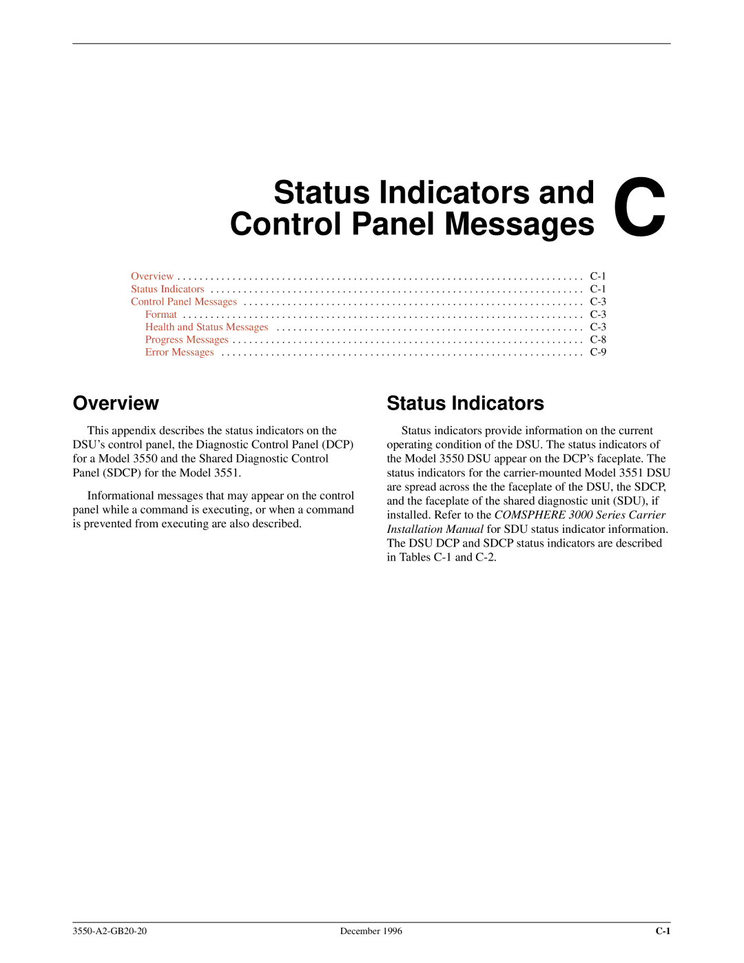 Paradyne 3551 manual Status Indicators and C Control Panel Messages 